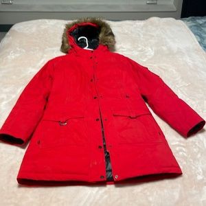 Red North Face puffy long jacket